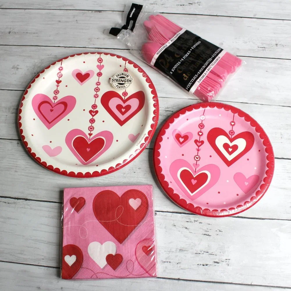 Party Valentine's Day Paper Plates Napkins Cutlery Dinnerware Lot Pink
